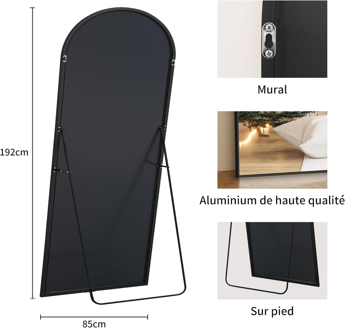 COFENY Boog full-body spiegel, 192 x 85 cm vloerspiegel met zwart frame, gewelfde staande spiegel, grote wandspiegel om te staan, leunen of hangen, vloerspiegel voor slaapkamer, woonkamer