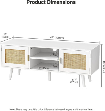 TV-meubel voor tv's tot 55 inch, rotan tv-console met 2 deuren en 2 open planken, Boho Media TV-kasten voor woonkamer, boerderij tv-units voor slaapkamer, wit