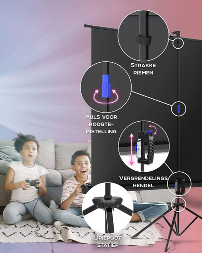PropVue Projectiescherm met standaard, 100 inch (ca. 254 cm) projectiescherm voor binnen en buiten, voor film- of kantoorpresentatie, instelbaar van 16:9 tot 4:3, HD-premium kreukvrij statiefscherm voor projector