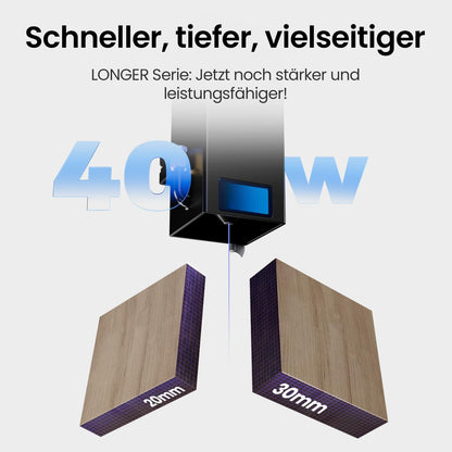 Longer 40W Laser Gravurgerät mit eigenentwickeltem Chip, 40000mW, 24000 mm/min, 3.5 Zoll Touchscreen & Offline-App Steuerung - für Metall, Holz, Acryl, Glas, Leder