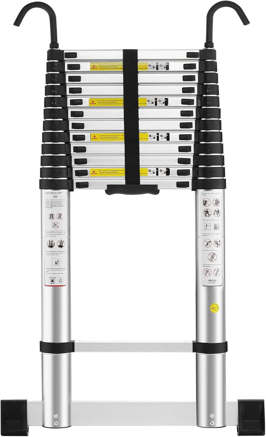STANEW Telescopische Ladder 5m, Uitschuifbare Ladder van Aluminium met 2 afneembare haken en balansbalk, Belastbaar tot 150 kg