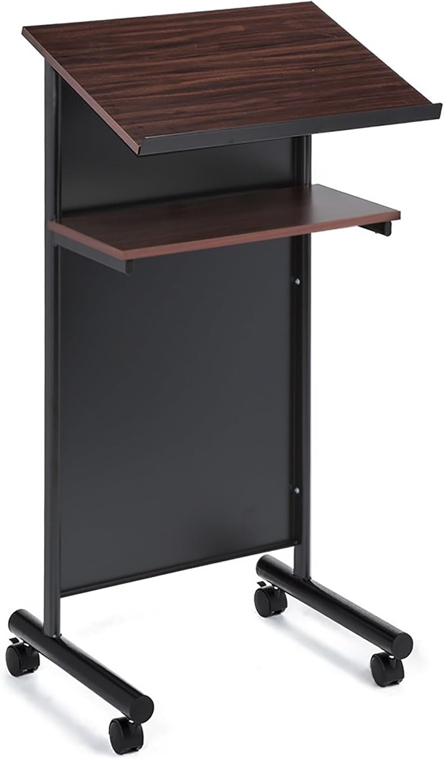 Audio-Visual Direct Lessenaar Podium op wielen - sta-bureau met opbergplank - kers/zwart - ideaal voor presentaties en laptopgebruik