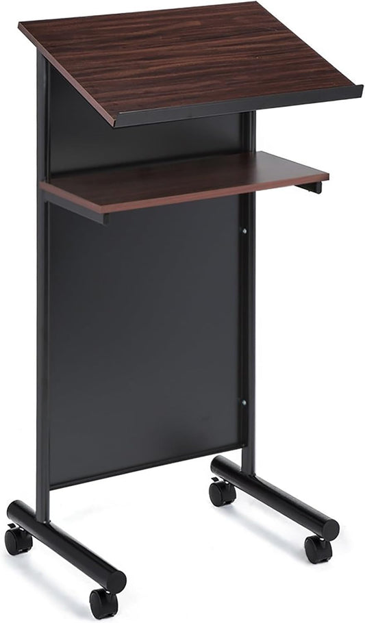 Audio-Visual Direct Lessenaar Podium op wielen - sta-bureau met opbergplank - kers/zwart - ideaal voor presentaties en laptopgebruik