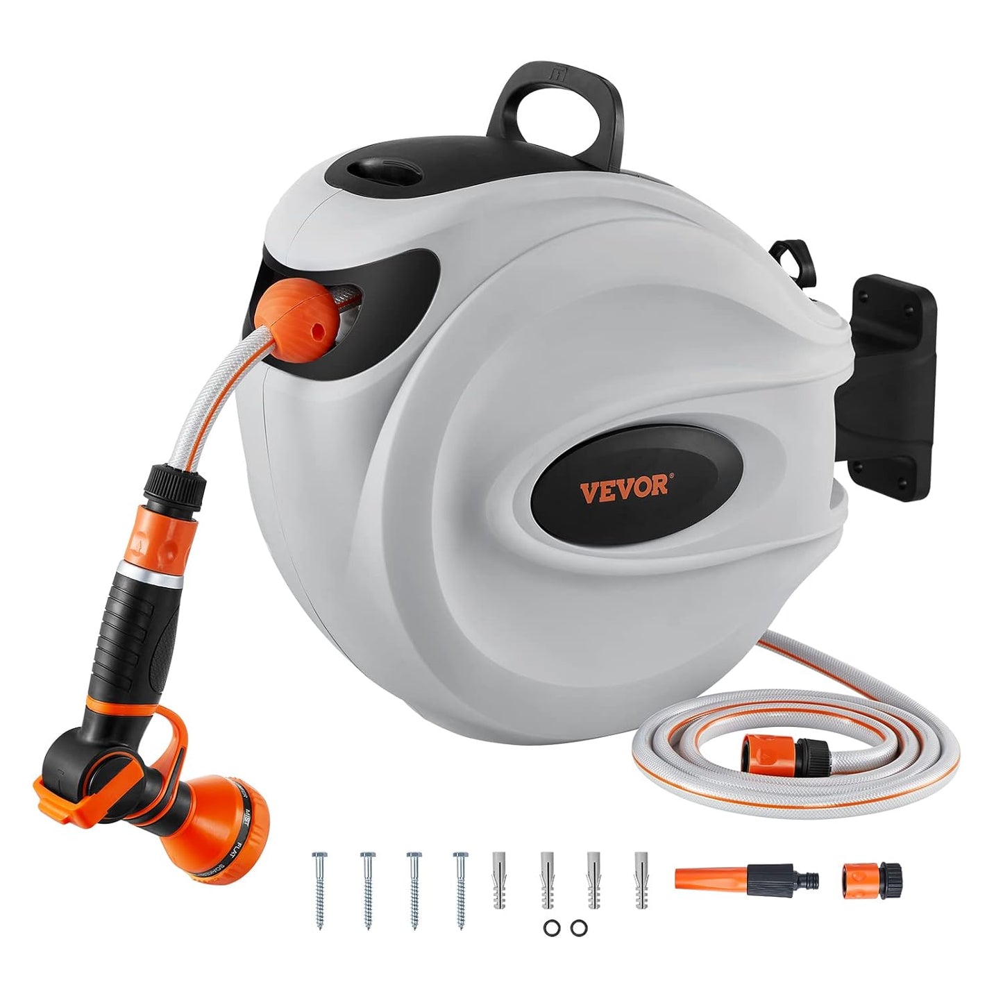 VEVOR Intrekbare tuinslanghaspel, 1/2" x 100 ft wandgemonteerde slanghaspel, zware tuin met 9 patronen mondstuk, elk lengteslot, automatisch terugspoelen langzaam retoursysteem en 180 ° draaibare