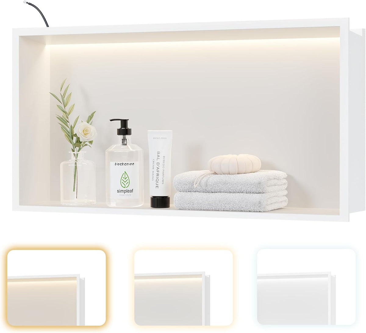 Wandnis douche roestvrij staal met LED-licht, ingebedde douchebak 60x30cm met 3 kleuren voor badkameropslag en decoratie, wit