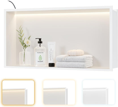 Wandnis douche roestvrij staal met LED-licht, ingebedde douchebak 60x30cm met 3 kleuren voor badkameropslag en decoratie, wit