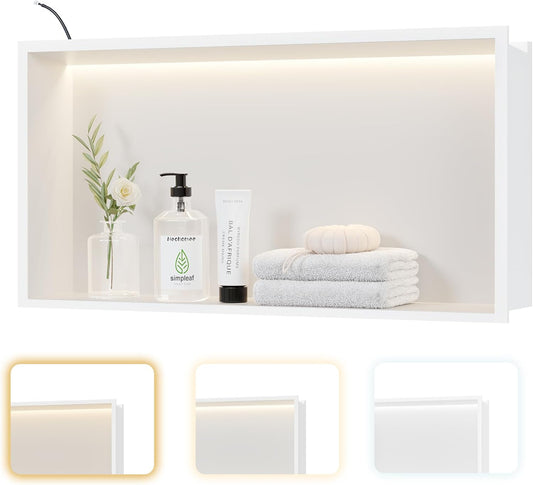 Wandnis douche roestvrij staal met LED-licht, ingebedde douchebak 60x30cm met 3 kleuren voor badkameropslag en decoratie, wit