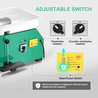 Pottenbakkerstoren, 25 cm, elektrische pedaaltoren, met afneembare ABS-bak en 350 W, draaiplateau voor aardewerk, draaibank, kleigereedschap voor keramiek, doe-het-zelf, knutselen