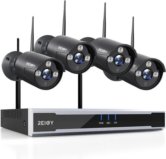 REIGY 3MP Security Camera System Outdoor Wifi with Sound Recording, Wireless CCTV Camera System Outdoor, 16CH NVR+ 4x1296P Video Surveillance Set with Motion Sensor, Hard Drive Not Included