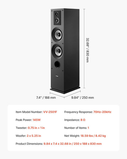 Staande 3-Weg luidspreker (1 stuk) – Torenluidspreker – Vloerstaande speaker – Vloerspeaker – HiFi speaker – MDF-Behuizing – 145 W piekvermogen