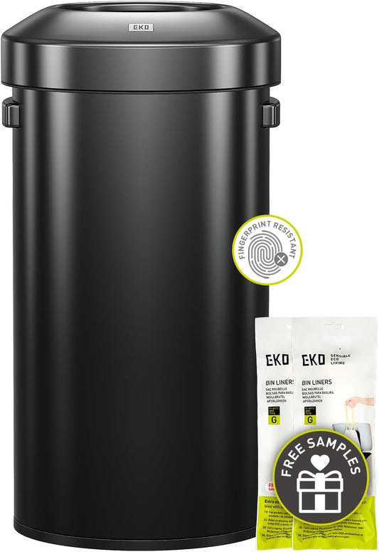EKO Urban 24 gallon ronde zwarte roestvrijstalen open afvalbak, hoge commerciële prullenbak voor binnen/buiten, extra grote metalen vuilnisbak voor kantoor, restaurant, toilet, 90L