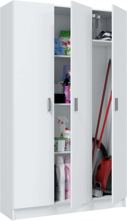 Multifunctionele kledingkast met drie vleugeldeuren en drie verstelbare planken, kleur wit, afmetingen 109 x 37 x 180 cm