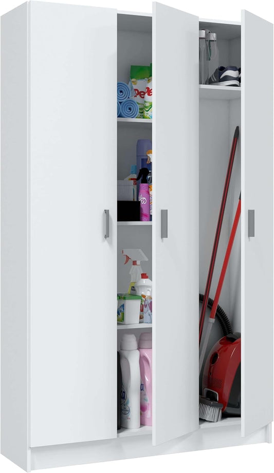 Multifunctionele kledingkast met drie vleugeldeuren en drie verstelbare planken, kleur wit, afmetingen 109 x 37 x 180 cm