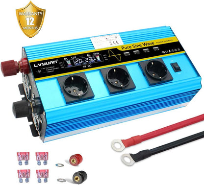 Pure Sine Wave Inverter Power Inverter 2500W / 5000W DC 12V naar AC 230V / 240V converter met LCD-display 3 EU-uitgangen & 4 USB-poortinverter voor auto Caravan RV kampeerboot
