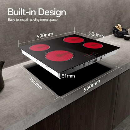 STARCHARTS elektrische kookplaat, ingebouwde keramische kookplaat, 4 zones kookplaten met totaal vermogen 6000 W, timer, kinderslot, zwart glas