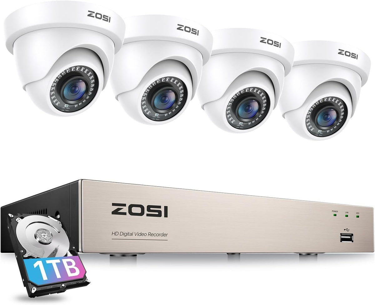 ZOSI Outdoor 1080P Bewakingscamera Set 8CH H.265+ DVR met 4 1080P Outdoor White Dome Camera CCTV-Systeem voor Binnen en Buiten, 1TB Harde Schijf, 24M IR Nachtzicht