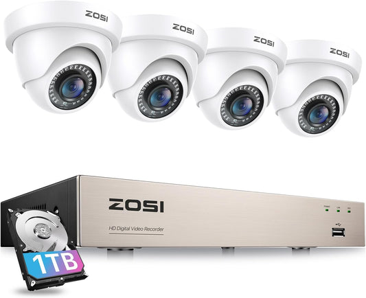 ZOSI Full HD 1080P Video Bewakingssysteem voor Buiten 8CH H.265+ DVR Recorder met 1TB Harde Schijf en 4x 2MP 1080P Dome Bewakingscamera Set 24m IR Nachtzicht