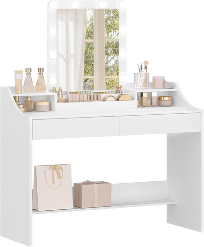 Hzuaneri 108cm Dressing Table with LED Lighting, Adjustable Brightness, Dressing Table with Mirror, Sideboard with 2 Drawers and 2 Open Compartments, Modern, WhiteDT40803X