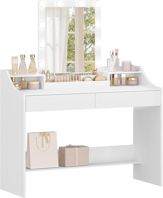 Hzuaneri 108cm Dressing Table with LED Lighting, Adjustable Brightness, Dressing Table with Mirror, Sideboard with 2 Drawers and 2 Open Compartments, Modern, WhiteDT40803X