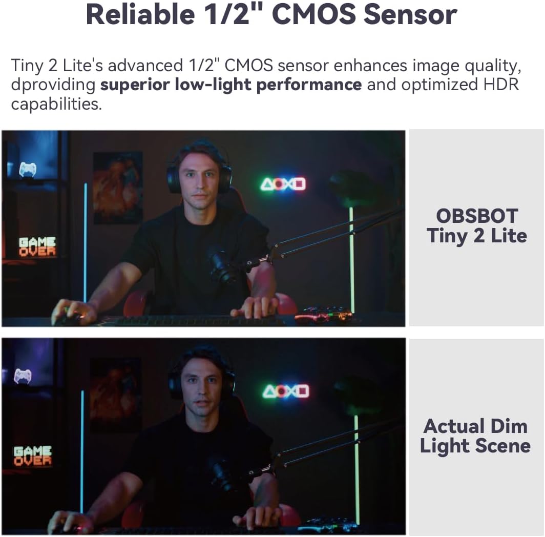 OBSBOT Tiny 2 Lite, PTZ 4K Webcam 1080P @60fps HDR, pc-camera met 4x digitale zoom, KI-tracking, microfoon, 1/2 inch sensor, gebarenbediening, autofocus, USB2.0, plug & play, voor pc, conferenties,
