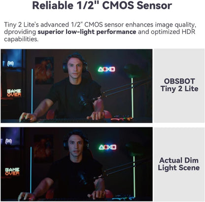 OBSBOT Tiny 2 Lite, PTZ 4K Webcam 1080P @60fps HDR, pc-camera met 4x digitale zoom, KI-tracking, microfoon, 1/2 inch sensor, gebarenbediening, autofocus, USB2.0, plug & play, voor pc, conferenties,