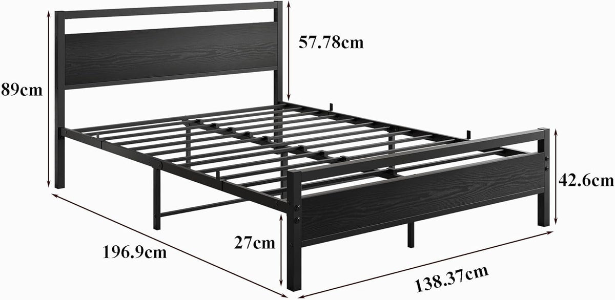 HOJINLINERO 4ft6 dubbele bedframes met houten hoofdeinde, metalen platform bedframe, dubbele bedbodem, geen boxspring nodig, matrasstichting, industriële verbeterde stalen latten ondersteuning voor