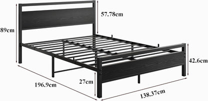 HOJINLINERO 4ft6 dubbele bedframes met houten hoofdeinde, metalen platform bedframe, dubbele bedbodem, geen boxspring nodig, matrasstichting, industriële verbeterde stalen latten ondersteuning voor