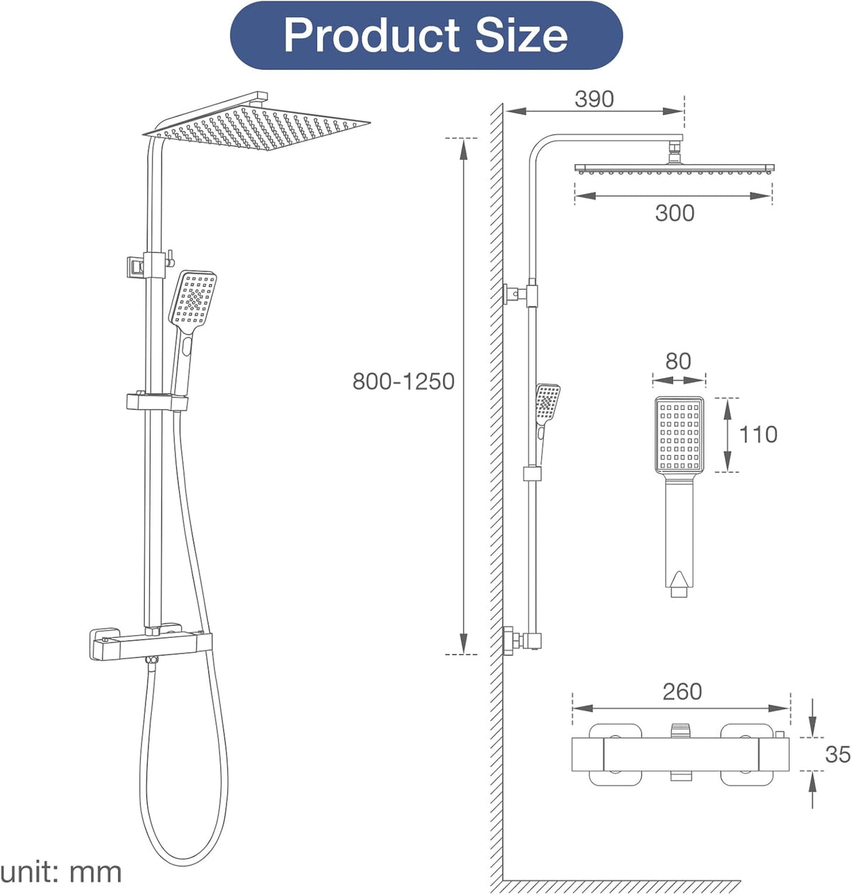 Vierkante Thermostatische Douche Mixer Set, Bevankly Vierkante Thermostatische Douche Systeem Chroom, Thermostatische Douche Bar Set