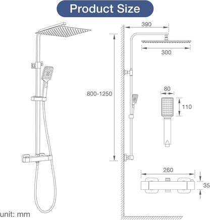 Vierkante Thermostatische Douche Mixer Set, Bevankly Vierkante Thermostatische Douche Systeem Chroom, Thermostatische Douche Bar Set