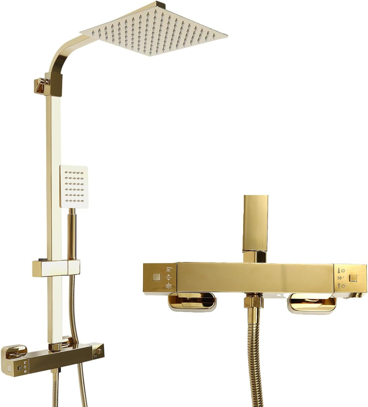 Douche Systeem – Regendouche – Douche Set – Douchekolom – Handdouche – Thermostatische Temperatuurregeling – Gouden Messing 20x20 cm