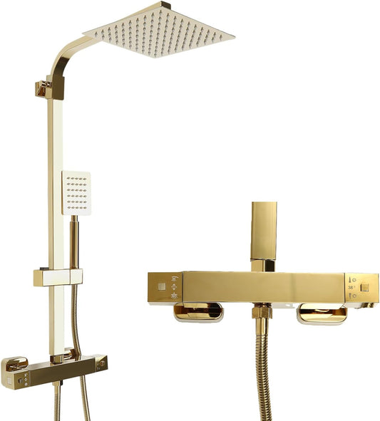 Douche Systeem – Regendouche – Douche Set – Douchekolom – Handdouche – Thermostatische Temperatuurregeling – Gouden Messing 20x20 cm