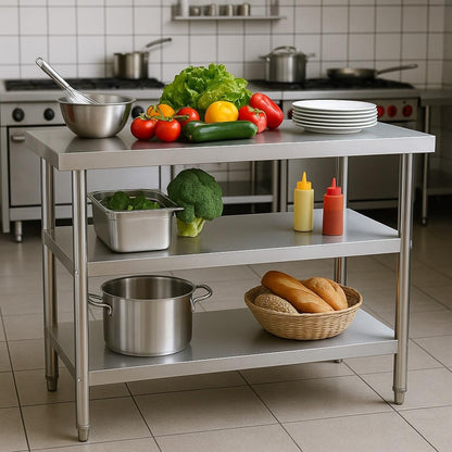 Wiltec roestvrijstalen werktafel 120x60x85 cm, horeca keukentafel 120 kg met 2 planken, gastronomie keukenwerktafel met opslagplanken, rvs restaurant bereidingstafel tafelblad