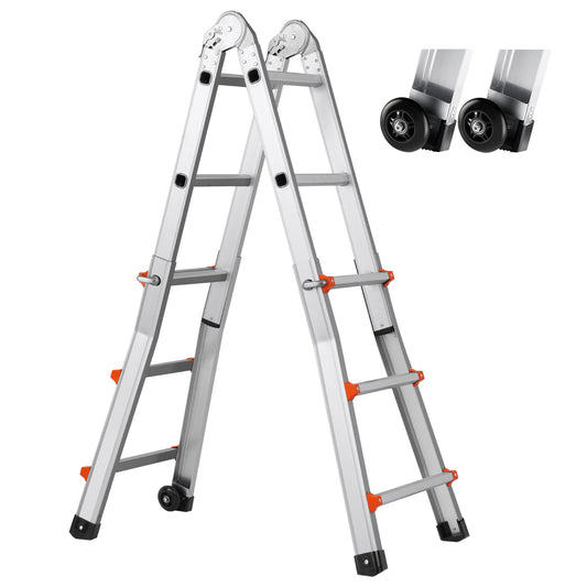 Telescopische A-frame Ladder – Uitschuifladder – Opklapbare Ladder – Multifuntionele Trap – Stevige Aluminium Ladder Zilver – Max Hoogte 2,88 Meter – Geïntegreerde Wieltjes Voor Eenvoudig Transport