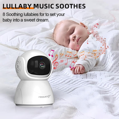 Feegar Babyfoon met camera, babymonitor, 5 inch, 720P HD-display, 2,4 GHz, PTZ 355°/120° babymonitor met afstandsbediening, 2 x zoom, VOX-modus, nachtzicht, temperatuursensor, slaapliedjes, 5000 mAh