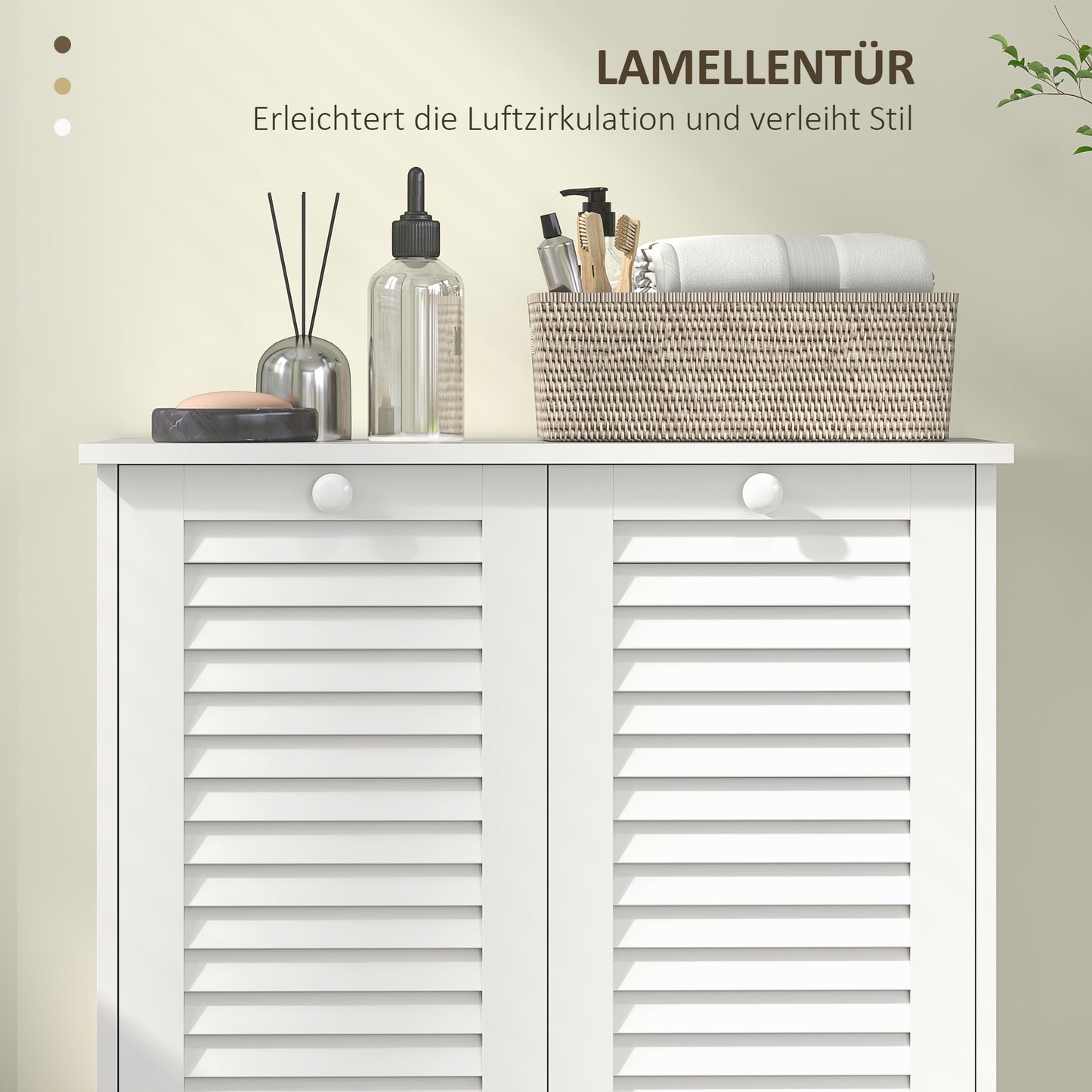 Wasmand – Wasbox – Wassorteerder – Waszak – Kledingkast – Wit – 2 Kantelbare Wasmanden – Ventilerende Lamellendeuren – Compact 70x38x73 cm