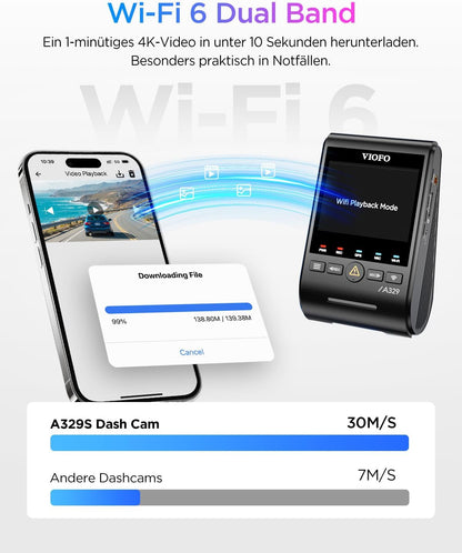 VIOFO A329S 2CH 4K 60FPS dashcam voor achter, 4K + 2K Dual dashcam auto, geüpgraded energiebesparende parkeermodus, wifi 6 en app-bediening, Dual Starvis 2 autocamera, nachtzicht/HDR 2.0, optioneel 4