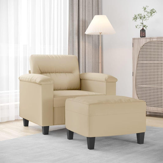 Fauteuil met kruk crème 60 cm microvezelweefsel gestoffeerde stoel relaxstoel met dik gevoerde zitting en robuust frame voor woonkamer en ontspanning