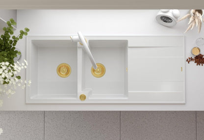 QUADRON Dubbele spoelbak wit, EVAN 121 GraniteQ, keukenspoelbak, 2 granieten bakken 1160 x 500 x 210 mm, open spoelbak Push 2 met sifon met afdruiprek, PVD-koperen elementen