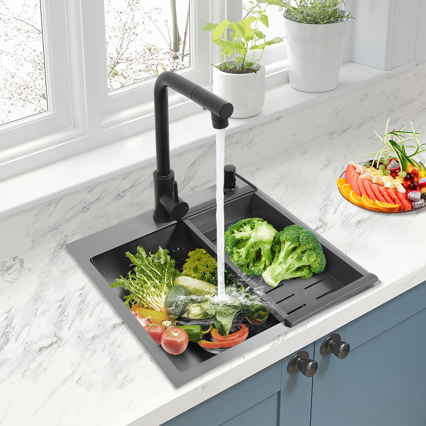 Keukenspoelbak – Spoelbakken Keuken – Wasbak Keuken – Enkele Spoelbak – Gootsteen – RVS 201 Staal – Uittrekbare Kraan 60 cm
