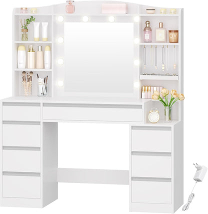 Hzuaneri Makeup table with 8 drawers, large mirror with RGB LED lighting, integrated jewellery shelf, 100 cm wide worktop with bedside table, white DT41103XEU