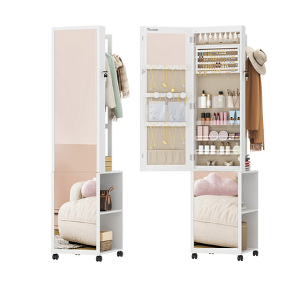 8 LED Mirror Jewelry Cabinet Armoire with Lockable Full-Length Mirror, 4-Wheel Mobile Storage Organizer with Hooks & Garment Rack - 5-in-1 Multi-Purpose Jewelry, Jewelry Armoires - QUORE