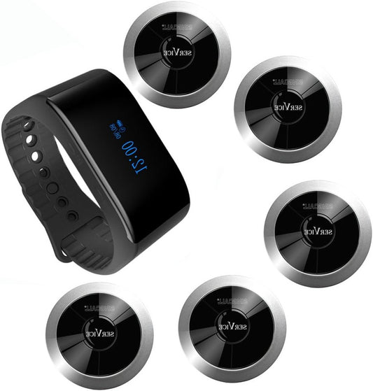 SINGCALL Wireless Call System, Wireless Pager Call System, Restaurant Paging Systems, 360 Degree Waterproof Pager Watch Receiver, No Screw Seper, Pack of 5 Pagers and 1 Receiver - QUORE
