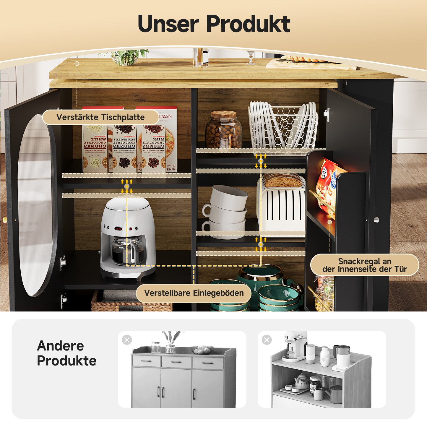 Barkast – Wijnrek – Drankkast – Bartafel – Keukentrolley – 360° Draaibaar – MDF Metalen Frame – 138x39x105 cm – 3 Deuren Met Uitneembare Scheidingswanden