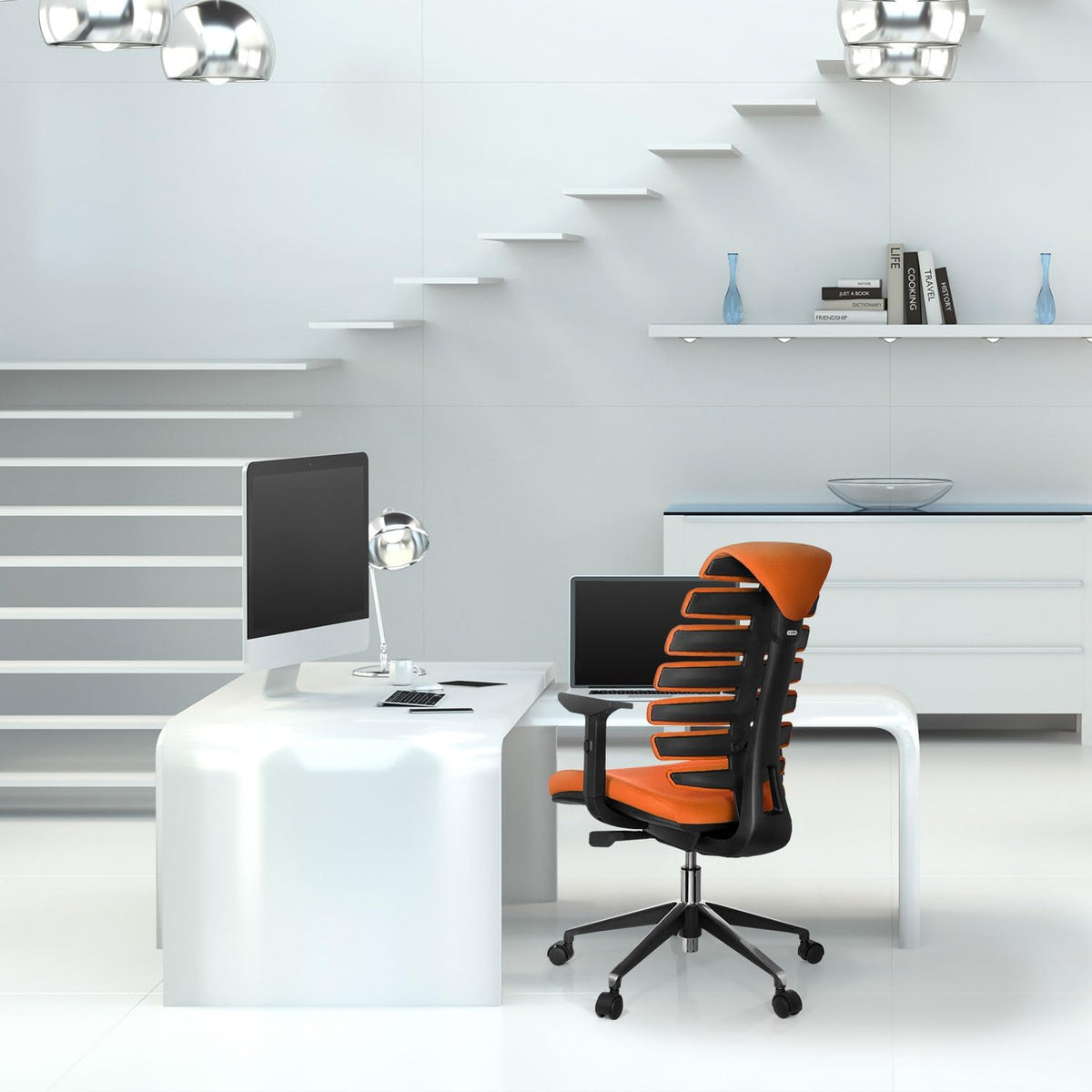 Ergonomische bureaustoel – Bureaustoel Draaistoel Kantoorstoel Werkstoel Designstoel – Vijfvoudig Verstelbare Armleuningen – Geïntegreerde Lendensteun – Traploze Hoogteverstelling – Synchroonmechanisme – Oranje Stof