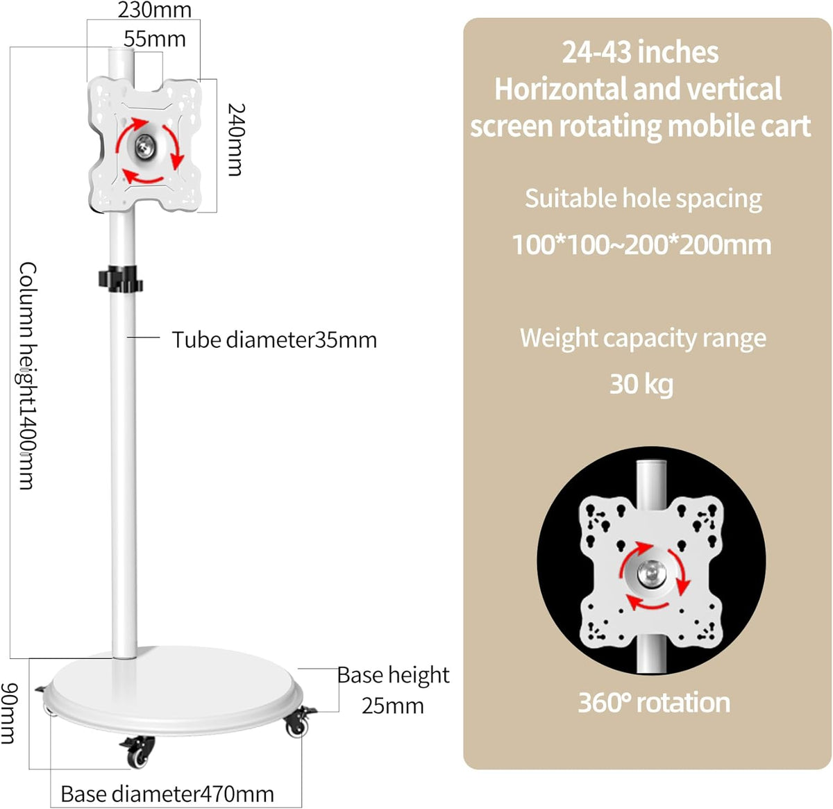 Witte mobiele tv-standaard op wielen voor 24-43 inch plasma/LCD/led-tv-vloerstandaard, 360 graden draaibaar, televisiestandaard in hoogte verstelbaar, max. 30 kg, geschikt voor woonkamer,