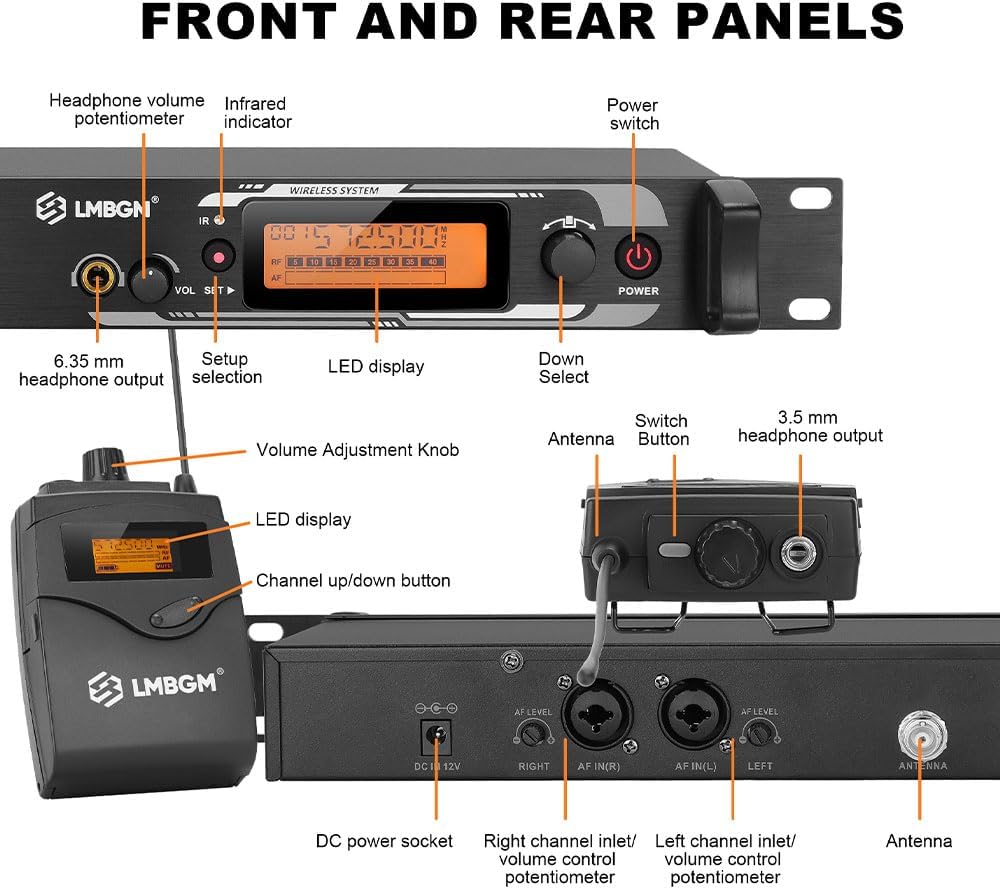 Draadloos Mono In-Ear Monitorsysteem – In-Ear Monitoring, Draadloze Monitor, UHF Headsetmonitor, Podiummonitor – 2 Kanalen, 5 Bodypack-Ontvangers – Ultralage Latentie <5 Ms, Bereik Tot 100 Meter