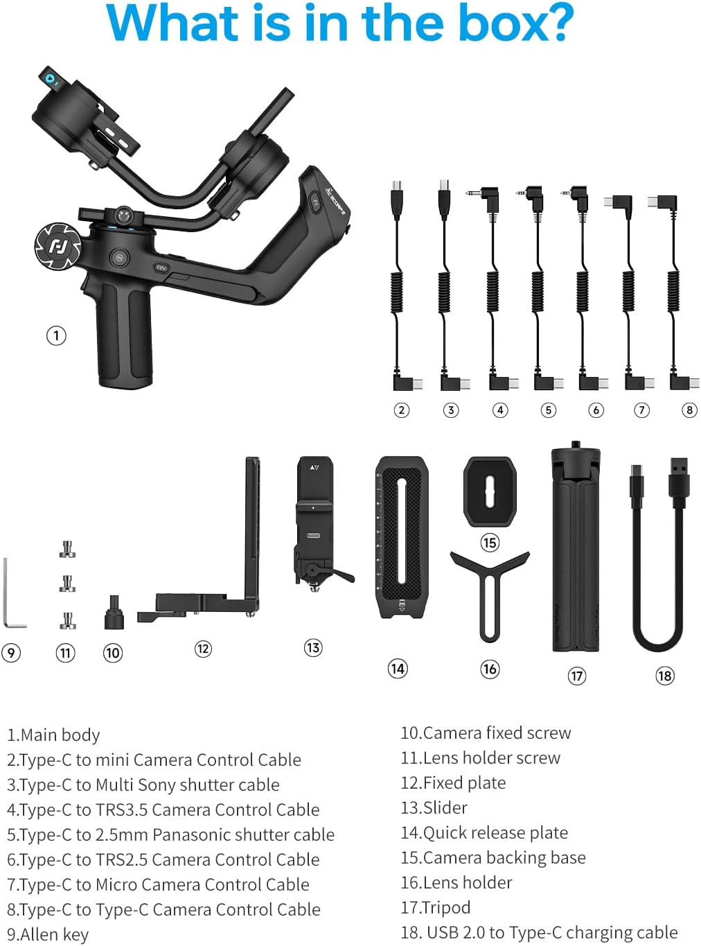 Feiyu SCORP 2 DSLR camera stabilisator gimbal voor Canon/Sony/Panasonic/Nikon/Fujifilm, 2,5 kg laadvermogen, touchscreen, 13 uur batterijduur