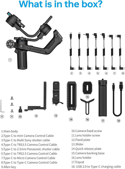 Feiyu SCORP 2 DSLR camera stabilisator gimbal voor Canon/Sony/Panasonic/Nikon/Fujifilm, 2,5 kg laadvermogen, touchscreen, 13 uur batterijduur