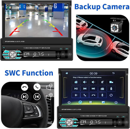 Hikity 1 Din Apple Carplay autoradio met uitschuifbaar scherm, Android autoradio met 7 inch touchscreen, radio met Bluetooth handsfree, FM USB/AUX+achteruitrijcamera