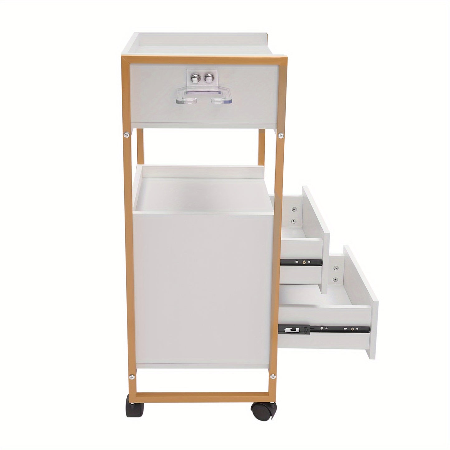 Kapperswagen – Kappers Trolley – Werkwagen – Kapperskar – Salonwagen – 3 Laden – 50 KG Draagvermogen – Met Haardrogerhouder – Mobiel en Compact – Wit met Gouden Frame
